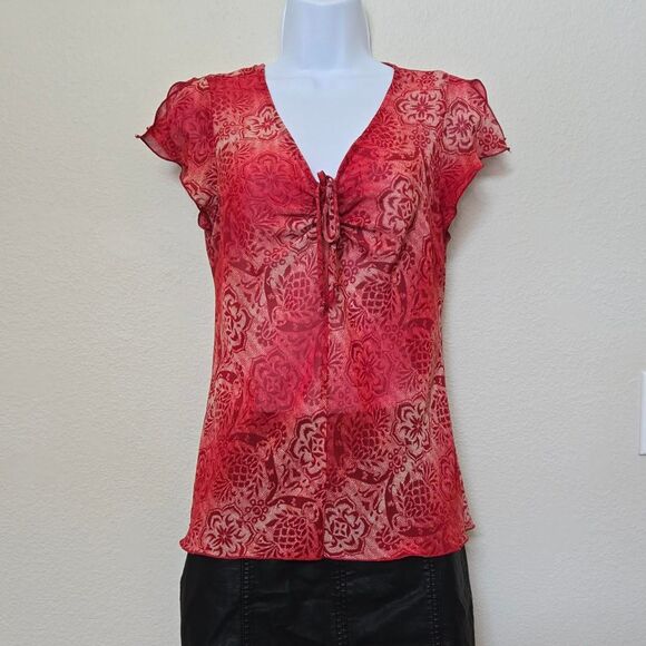 Y2K Whimsygoth Mesh V Neck Red Floral Blouse Top - Picture 1 of 8
